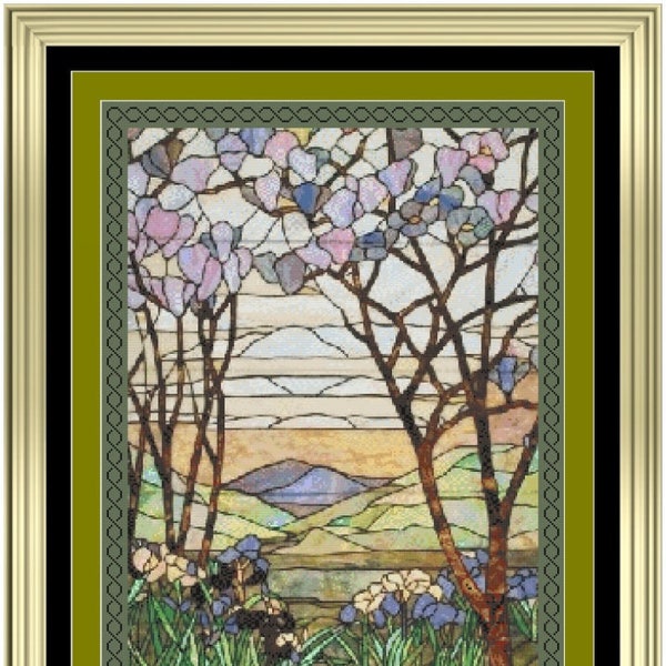 Large ENCHANTED GROVE Stained Glass Style Cross Stitch / Needlepoint Pattern (approx. 11.1"x 15.6")(Color Key & Charts included)