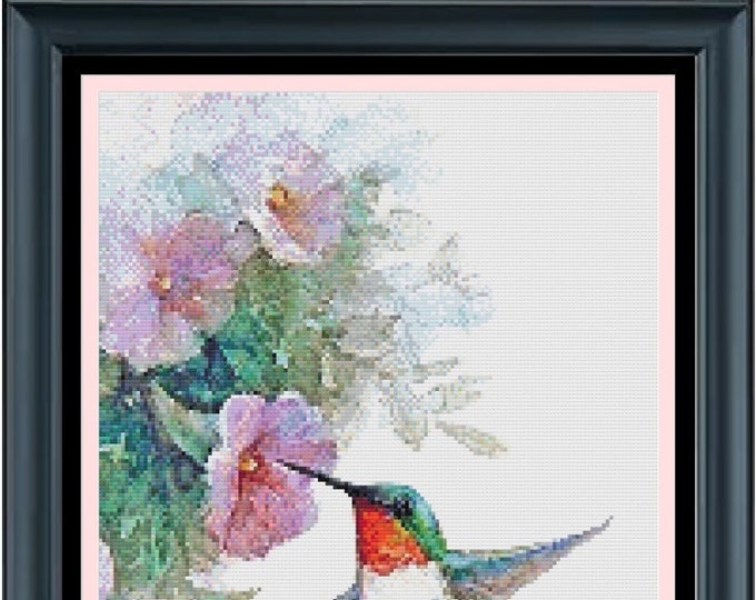 WATER COLOR HUMMINGBIRD Cross Stitch 18ct Pattern (approx. 8.2"x 11")(Enlarged Color Key & Charts) Water Color Style