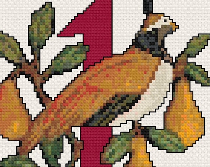 12 Days of Christmas "PARTRIDGE in a PEAR TREE"  Counted Cross Stitch - Needlepoint (approx. 3.4"x3.7") (Color Key & Charts)