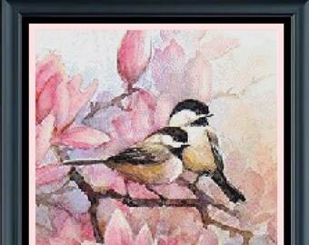 WATER COLOR CHICKADEES Cross Stitch 14ct Pattern (approx. 12"x 14")(Enlarged Color Key & Charts) Water Color Style