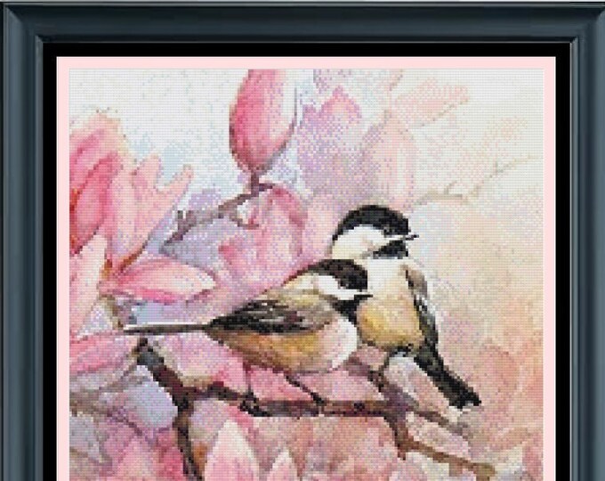 WATER COLOR CHICKADEES Cross Stitch 18ct Pattern (approx. 9.7"x 11")(Enlarged Color Key & Charts) Water Color Style