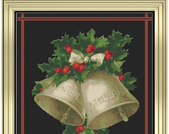 SILVER BELLS with HOLLY and Bow Cross Stitch Pattern (approx. 11"x 13")(Color Key & Charts)
