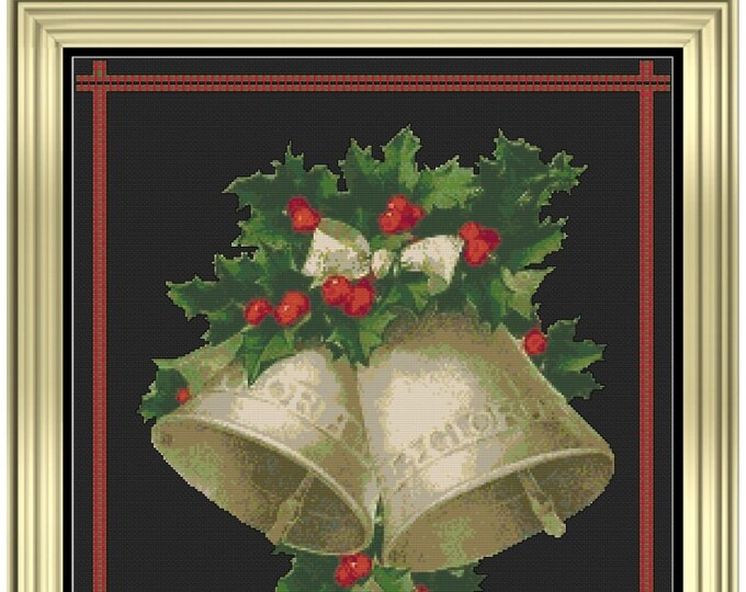 SILVER BELLS with HOLLY and Bow Cross Stitch Pattern (approx. 11"x 13")(Color Key & Charts)