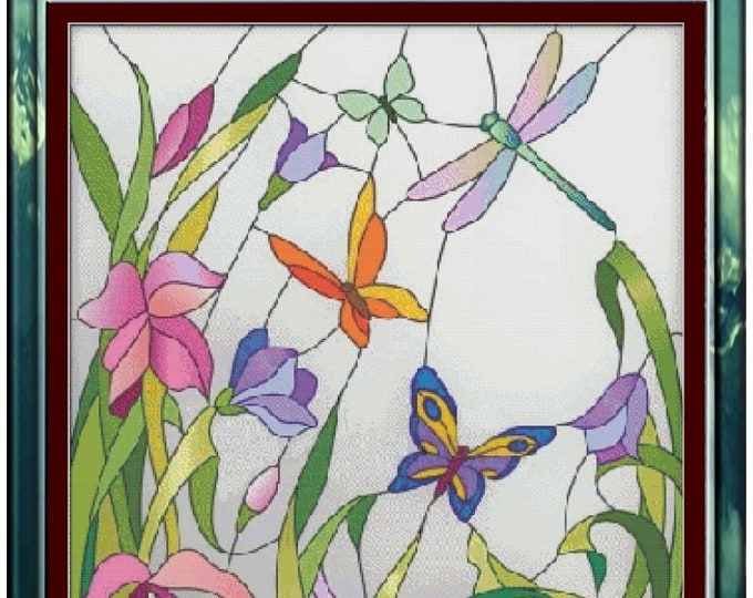 Large BUTTERFLIES and DRAGONFLY Stained Glass Style Cross Stitch / Needlepoint Pattern (approx. 14"x 17")(Color Key & Charts included)