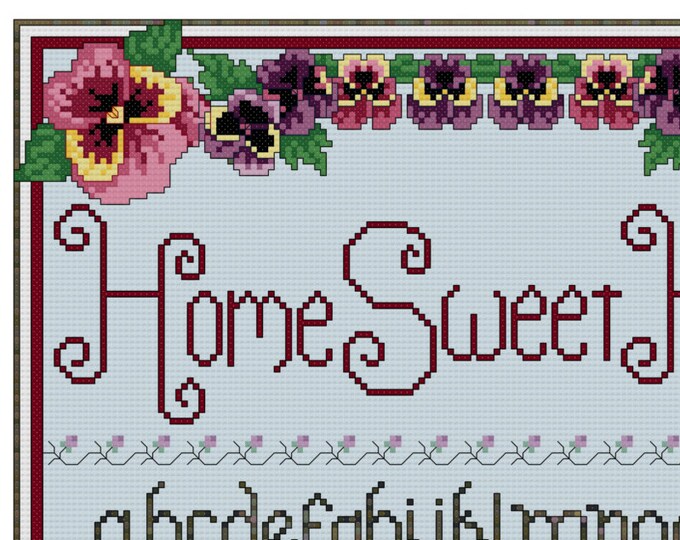 HOME SWEET HOME with Pansies and Cats Cross Stitch Pattern (approx. 7.5"x10")(Enlarged Color Key & Chart)