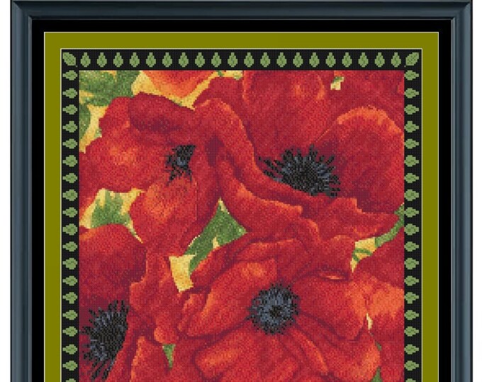 POPPIES Botanical Cross Stitch / Needlepoint Pattern (approx.  15.8" x 15.8")(B-W and Color Key & Charts included)