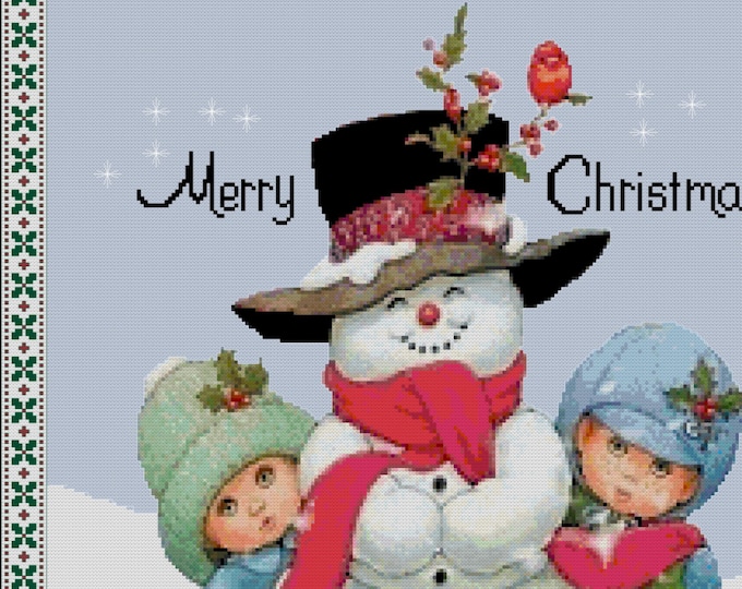SNOWMAN with Children and Merry Christmas...  Cross Stitch Pattern (approx. 11.5"x14.75")(Color Key & Charts)