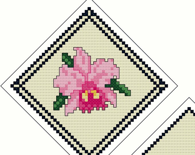 3 FLORAL ORNAMENTS "Set of 3"  Counted Cross Stitch - Needlepoint (approx. 2.75"x 2.75") (Color Key & Charts) (Sewing Instructions)