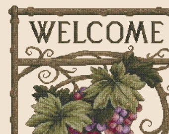 NEW Large "WELCOME FRIENDS" with Grapevine Needlepoint / Cross Stitch Pattern (approx. 12"x16")(Color Key & Chart) Reduced Colors