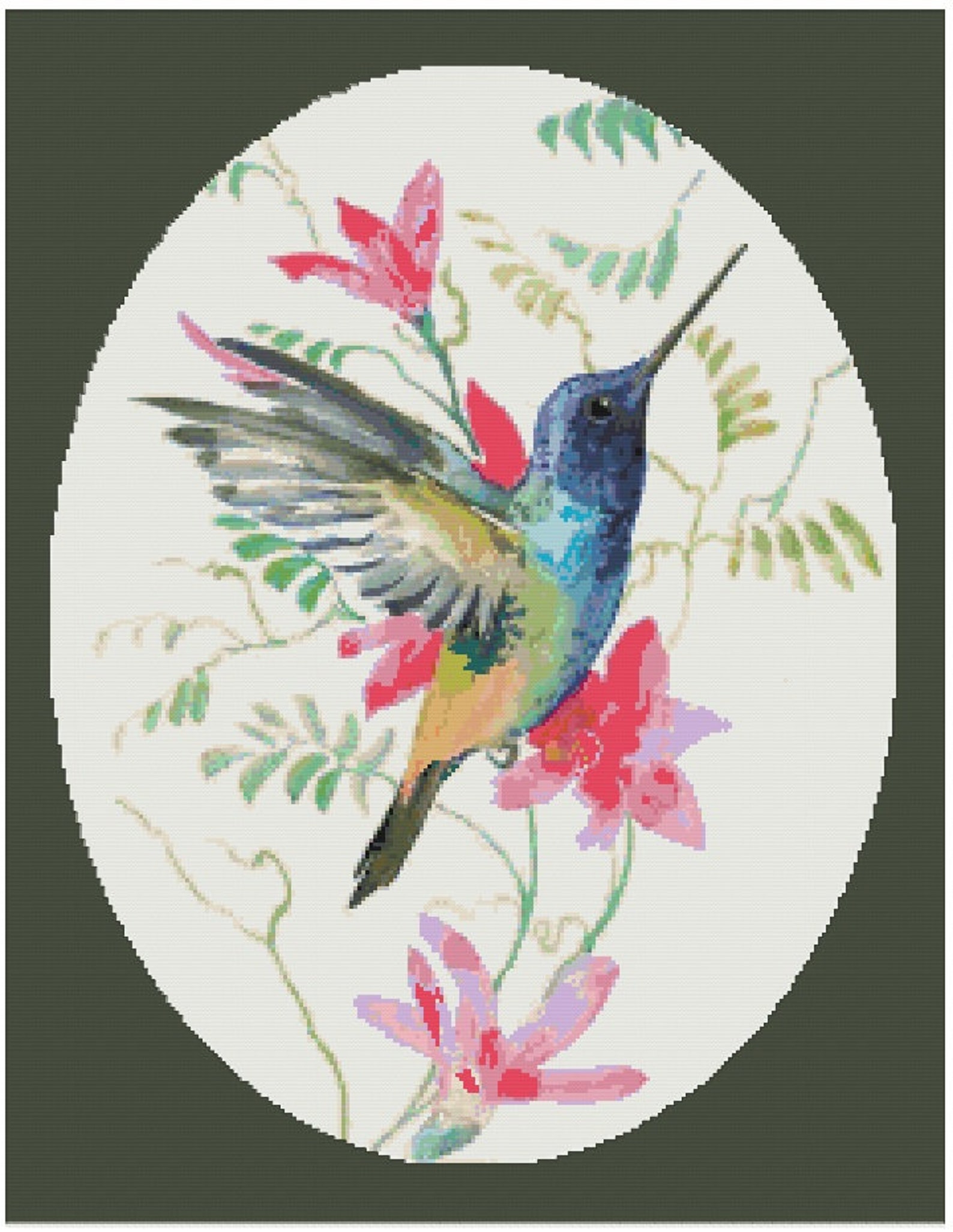 HUMMINGBIRD Cross Stitch Pattern approx. 11x 14color Key & Chart