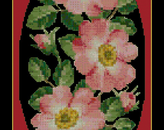 Beautiful "ROSES 3"  Cross Stitch Pattern (approx. 6.5"x 10.5") (Enlarged Color + BW Chart & Key)