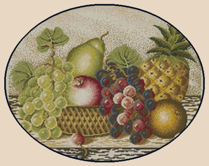 Large "OVAL FRUIT BASKET" Cross Stitch Pattern (approx. 23"x18.25") (Color Key & Chart)