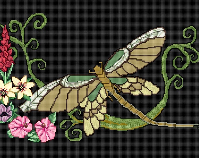 DRAGONFLY Cross Stitch Pattern (approx. 10"x 6.5")(Enlarged Color Key & Chart and Back-Stitch guide included)