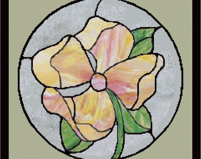 DOGWOOD STAINED GLASS Style Cross Stitch Pattern (approx. 11"x 11")(Color Key & Charts included)