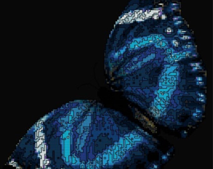 BLUE BUTTERFLY Cross Stitch Pattern (approx. 6"x 8")(Enlarged Color Key & Chart and Back-Stitch guide included)