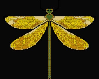YELLOW DRAGONFLY Cross Stitch Pattern (approx. 6"x 8")(Enlarged Color Key & Chart and Back-Stitch guide included)