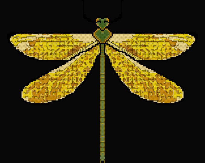 YELLOW DRAGONFLY Cross Stitch Pattern (approx. 6"x 8")(Enlarged Color Key & Chart and Back-Stitch guide included)