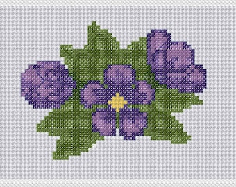 VIOLET BLOSSOMS Cross Stitch Pattern (Basic Cross Stitch)(approx. 5.5"x 4")(Enlarged Color Key & Chart)