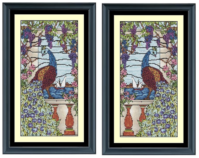 Two TIFFANY STYLE PEACOCKS (1 and 2) Stained Glass Style Cross Stitch / Needlepoint Pattern (appr. 5.5" x 11" ea.)(Color Key & Charts incl.)