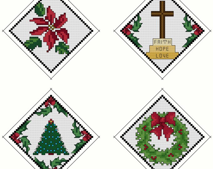 4 CHRISTMAS ORNAMENTS "Set of 4"  Counted Cross Stitch - Needlepoint (approx. 2.75"x 2.75") (Color Key & Charts) (Sewing Instructions)