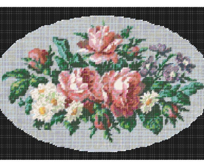 OLD FASHION ROSES Needlepoint Pattern (approx. 18"x 12")(Enlarged Color Key & Chart) 12ct