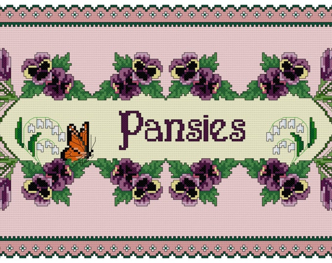 PANSIES Cross Stitch Pattern (approx. 15"x7")(Color Key & Chart)