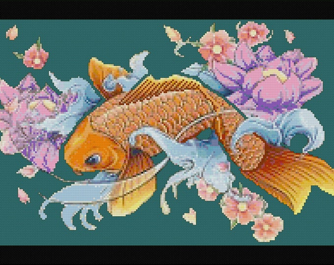 KOI 2  Cross Stitch / Needlepoint Pattern (approx. 11"x 7")(Enlarged Color Key & Chart) Asian Koi Carp