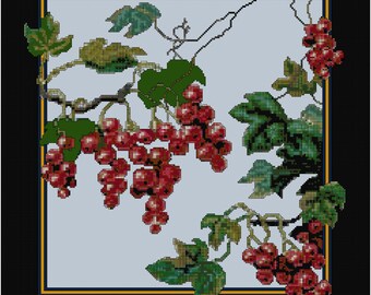 RED GRAPES - BERRIES  Cross Stitch Pattern (approx. 11"x 11") (B+W and Color Charts with Key)