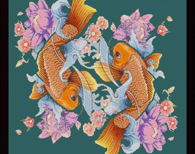 KOI 4  Cross Stitch / Needlepoint Pattern (approx. 12"x 14")(Enlarged Color Key & Chart) Asian Koi Carp