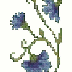 May include: A cross-stitch pattern featuring a blue flower with green leaves and stems. The flower is in a stylized design with a curved stem and leaves.