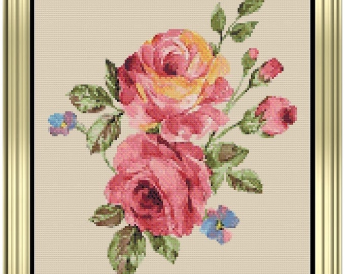 OLD FASHION ROSE Cross Stitch Pattern (approx. 8"x 10")(Enlarged Color Key & Chart) Botanical