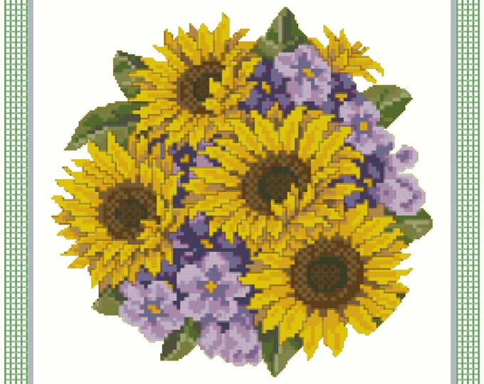 Pansies and "SUNFLOWERS"  Cross Stitch Pattern (approx. 12"x 12")(Enlarged Color Key & Chart)