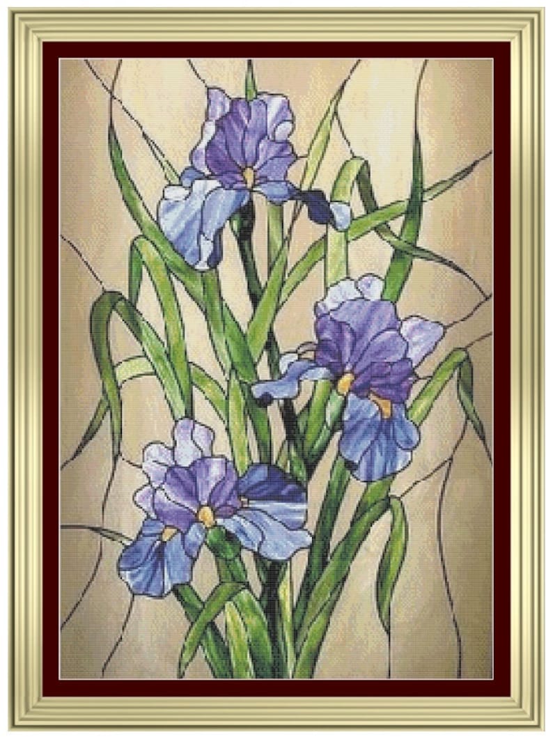 Large IRIS FLOWERS Panel Stained Glass Style Cross Stitch / Needlepoint