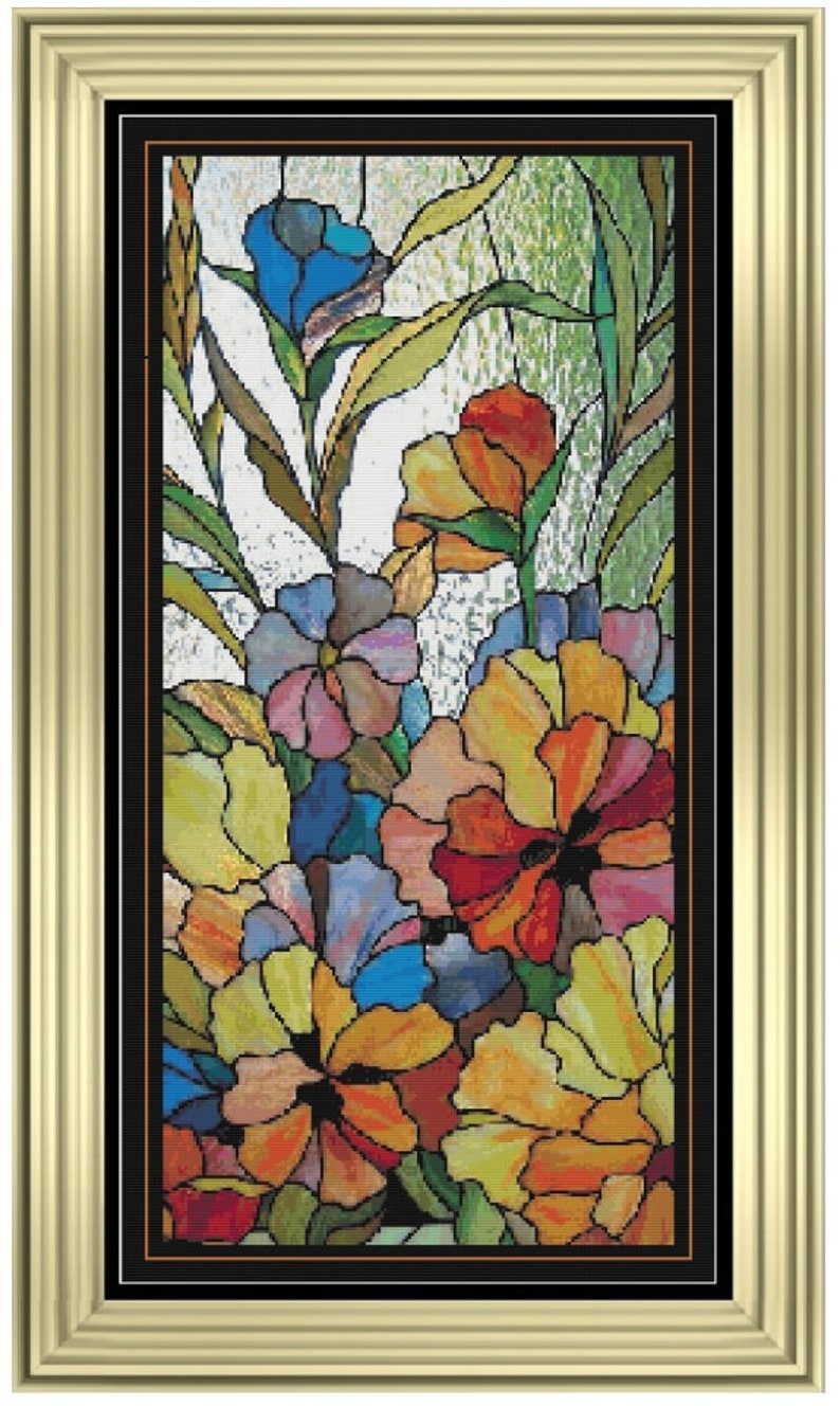Large STAINED GLASS FLOWERS Panel Cross Stitch / Needlepoint Pattern