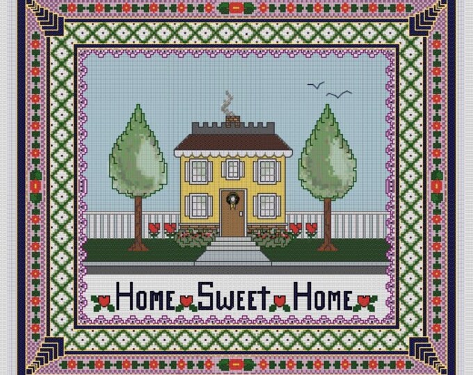 HOME-SWEET-HOME Cross Stitch Pattern (approx. 10"x10" overall)(Enlarged Color Key & Chart)