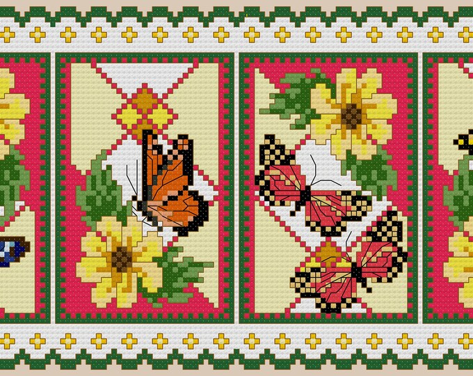 FLOWER and BUTTERFLY PANEL digital cross-stitch pattern (Basic Cross Stitch)(approx. 9"x 4")(Enlarged Color Key & Charts)