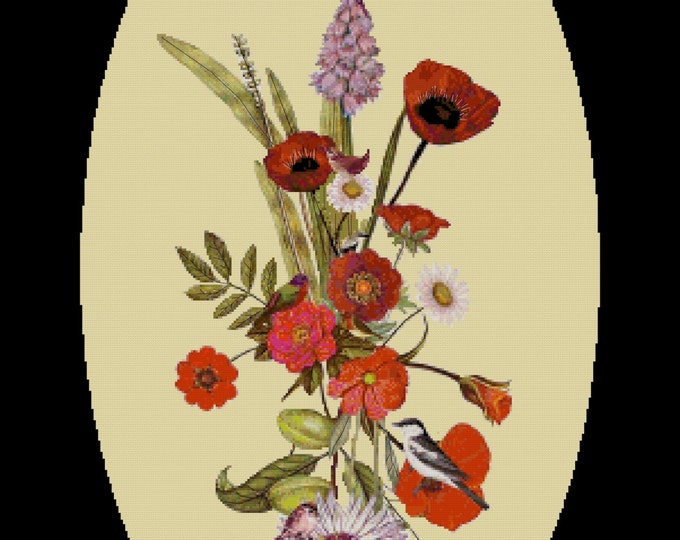 BIRDS and FLOWERS Cross Stitch Pattern (approx. 14"x20")(Enlarged Color Key & Chart)