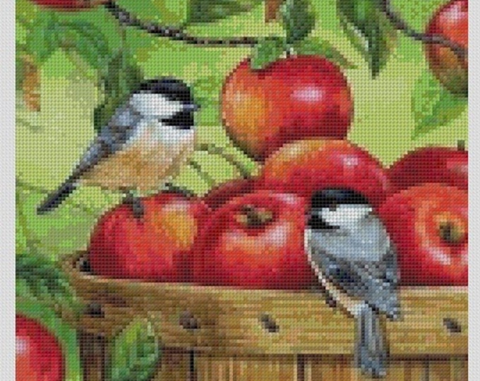 AUTUMN HARVEST with CHICKADEES...  Cross Stitch Pattern (approx. 9"x 11")(Enlarged Color Key & Chart)