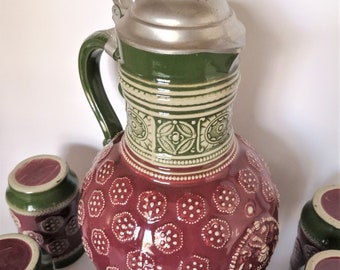 Porcelain Pitcher & Cups, Beer Stein Set, Ceramic Mugs and Jug, 2L Water or Wine Carafe, Sangria Pitcher n Cups, German Pottery, Marzi Remy