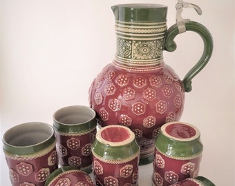 Vintage German Pottery Lidded Pitcher Set with 6 Tumblers, Floral Decor