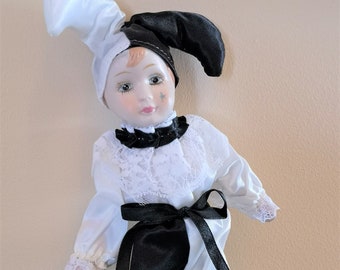 Pierrot Doll, Avon Collector Clown, Black White Harlequin