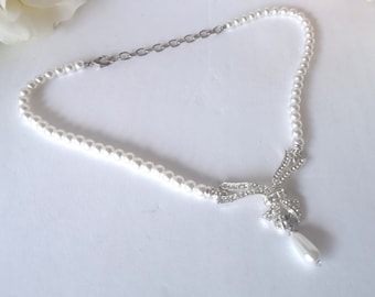 Retro Faux Pearl Rhinestone Bridal Necklace | Vintage Choker - Teardrop Pendant & Silver Ribbon Detail