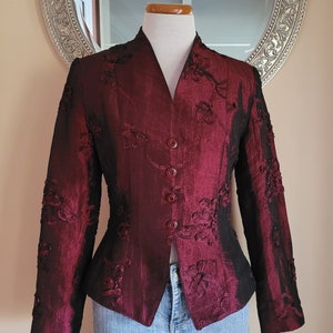 Red Jacket, Burgundy Blazer, Textured Crushed Dark Red Satin, Elegant Peplum Fitted Formal Blazer, Ribbon Design, Gardenia Paris, Size 3/4