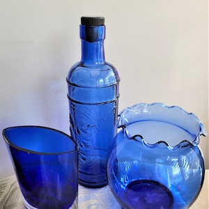 Cobalt Blue Glass, Dark Blue Collectible Glass, Round Ball Shape and Boat Shaped Vases, Oil Vinegar Bottle, Bohemian Blue Glass, Boho Decor