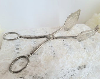 May include: Silver-toned serving tongs with an ornate design. The tongs have a long handle and a flat, oval-shaped head.