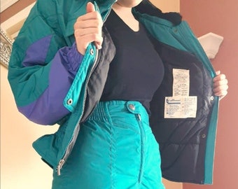 Ski Suit Purple Blue Green, Two Piece Schneider Snow Outfit, 90s Retro Unisex Jacket Pant Snow Suit, Cropped Jacket, No Suspender Pant