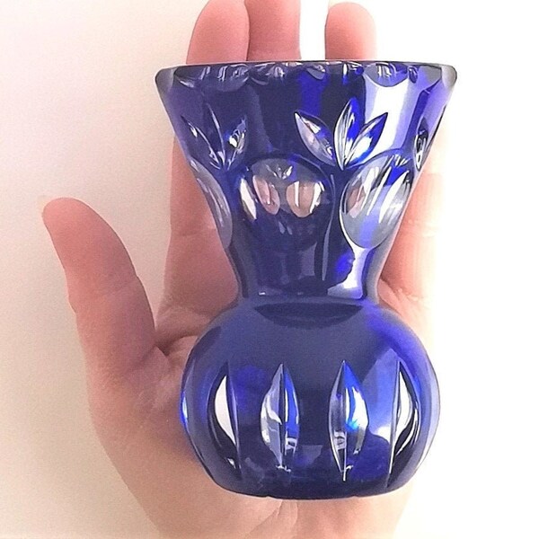 Cobalt Blue Vase, Bohemian Crystal Vase, Cut to Clear Czech Crystal, Small Thistle Vase, Hand Cut Crystal, Art Glass Vase, Studio Art Vase