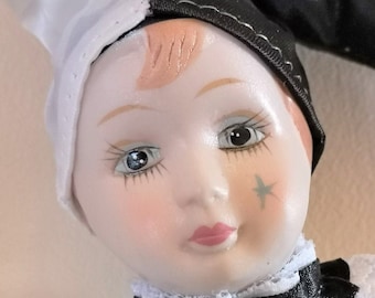 Porcelain Pierrot, Ceramic Clown Doll, Collector Circus Clown, Black White Satin Lace, Harlequin Ceramic Doll, Porcelain Face Hands Feet, 8&quot;