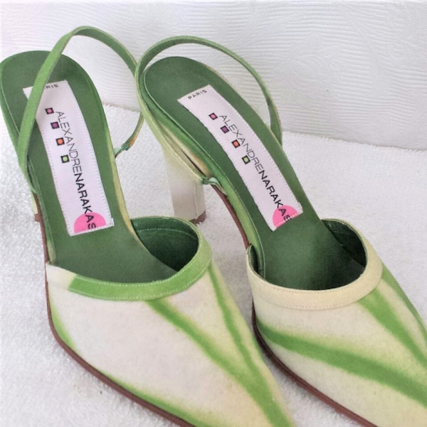 Strap High Heels, Green White Shoes, Designer Slip On Heels, Alexandre Narakas, Paris Made, US Size 9, NEW Not Worn Original Box, Narrow Fit