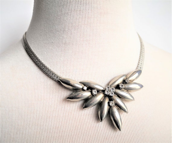Silver Necklace, Rhinestone Art Deco Style Choker… - image 5